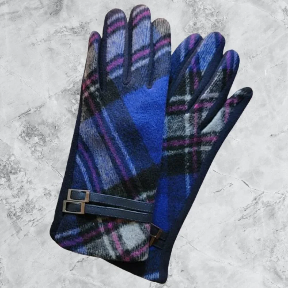 Blue Plaid Gloves Pink Gray Trim Faux leather Touch Screen Friendly Scotland